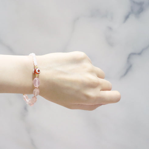 【Blooming Pink Roses】三眼天珠×ローズクォーツ×プレスシェル ブレスレット