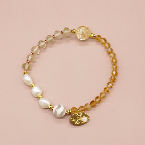 【如蜜糖般甜蜜】水波纹天珠、黄水晶、巴洛克珍珠、柠檬石英手链