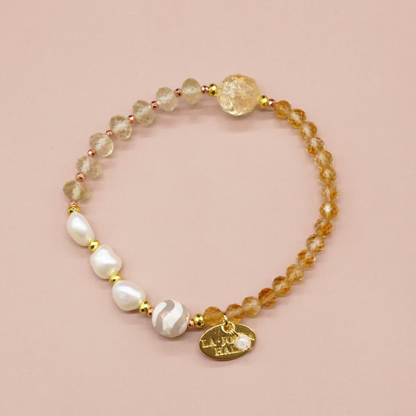 【Like a Honey Candy】水紋天珠×シトリン×バロックパール×レモンクォーツ ブレスレット