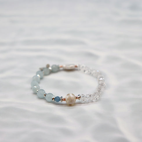 【Deep Sea Party】水紋天珠×アクアマリン×水晶×パール ブレスレット