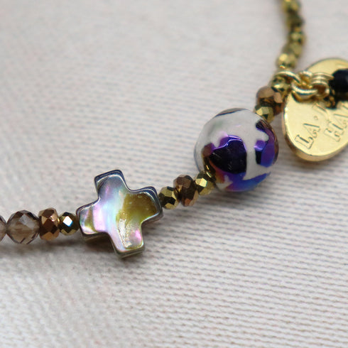 【La・Fall Marrón】亀甲天珠×オレンジガーネット×モスコバイト×アバロニシェル×スモーキークォーツ ブレスレット