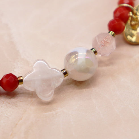 【Blooming Pink Roses】亀甲天珠×ローズクォーツ×コーラル×クォーツァイト ブレスレット