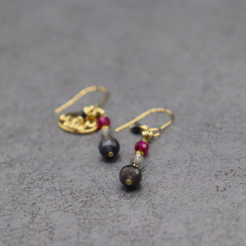 【绯红之焰】合成红宝石 x 拉长石 x 堇青石耳环