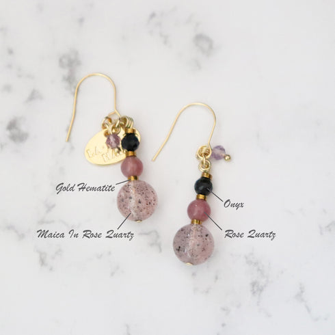 【・MA・YO・KE・】マイカインローズクォーツ×オニキス×ローズクォーツ ピアス