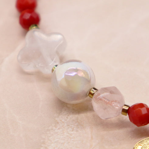 【Blooming Pink Roses】亀甲天珠×ローズクォーツ×コーラル×クォーツァイト ブレスレット