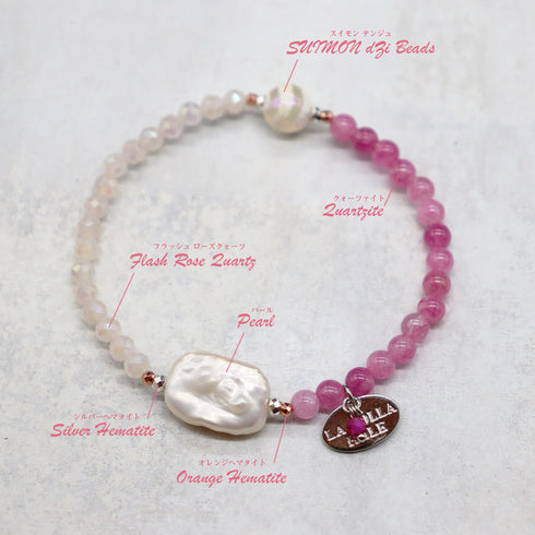【Blooming Pink Roses】水紋天珠×ローズクォーツ×パール×クォーツァイト ブレスレット