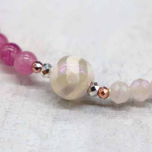 【Blooming Pink Roses】水紋天珠×ローズクォーツ×パール×クォーツァイト ブレスレット