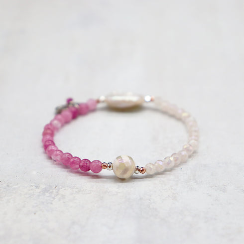 【Blooming Pink Roses】水紋天珠×ローズクォーツ×パール×クォーツァイト ブレスレット