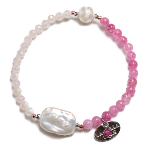 【Blooming Pink Roses】水紋天珠×ローズクォーツ×パール×クォーツァイト ブレスレット
