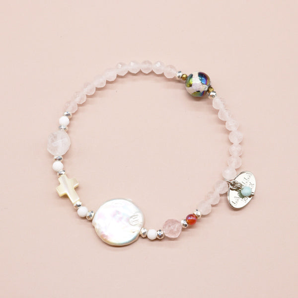 【Blooming Pink Roses】亀甲天珠×ローズクォーツ×パール×マザーオブパール ブレスレット