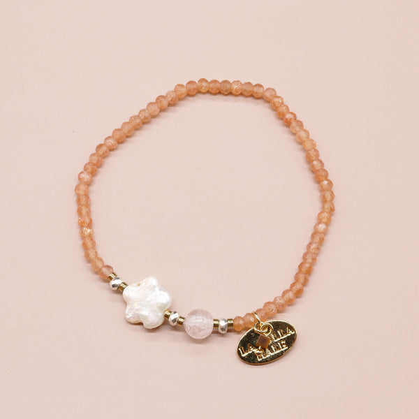 【Blooming Pink Roses】クラックローズクォーツ×パール×サンストーン ブレスレット