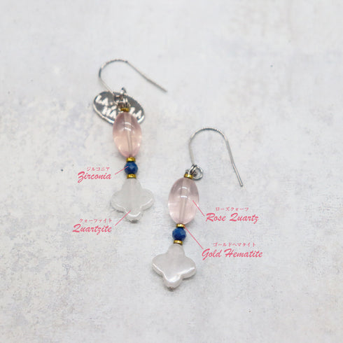【Blooming Pink Roses】ローズクォーツ×クォーツァイト×ジルコニア ピアス