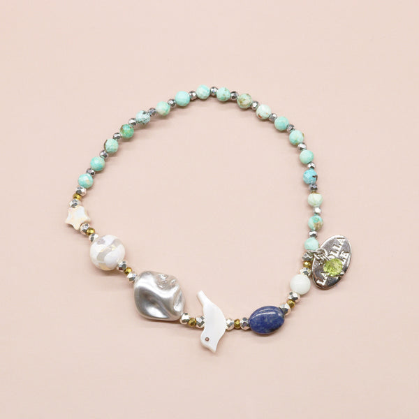 【Be Loved Turquoise】水紋天珠×ターコイズ×ホワイトシェル×ソーダライト ブレスレット