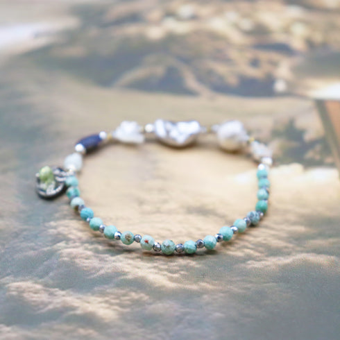 【Be Loved Turquoise】水紋天珠×ターコイズ×ホワイトシェル×ソーダライト ブレスレット