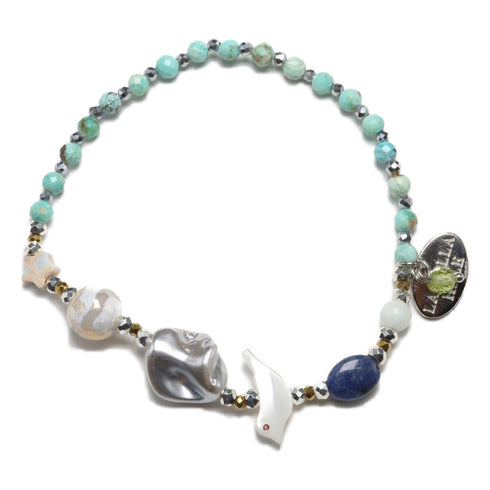 【Be Loved Turquoise】水紋天珠×ターコイズ×ホワイトシェル×ソーダライト ブレスレット