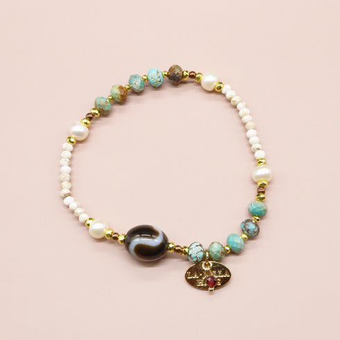 【Be Loved Turquoise】白蛇天珠×ターコイズ×パール×マグネサイト ブレスレット