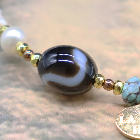 【Be Loved Turquoise】白蛇天珠×ターコイズ×パール×マグネサイト ブレスレット