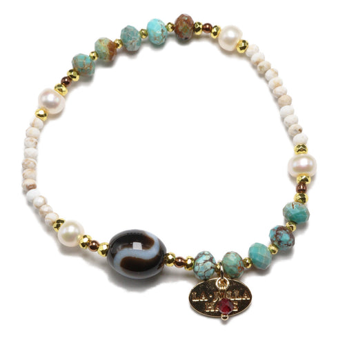 【Be Loved Turquoise】白蛇天珠×ターコイズ×パール×マグネサイト ブレスレット