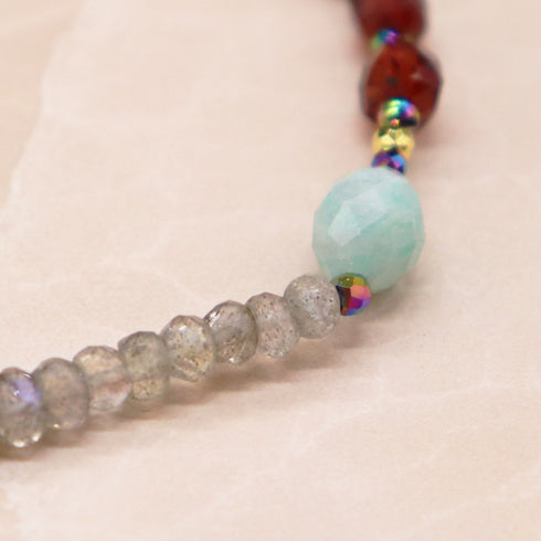 【打开首饰盒!】水波纹天珠 x 香槟石榴石 x 亚马逊石 x 拉长石手链