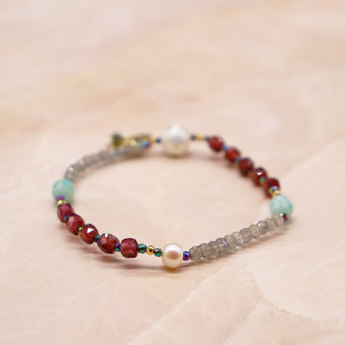 【打开首饰盒!】水波纹天珠 x 香槟石榴石 x 亚马逊石 x 拉长石手链