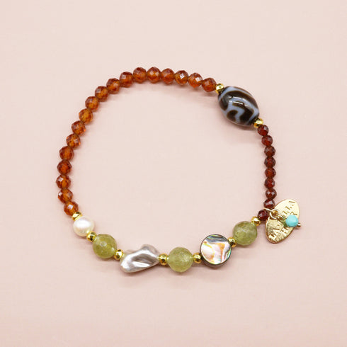 【Open the Jewelry Box!】水蓮花天珠×オレンジガーネット×グリーンガーネット ブレスレット