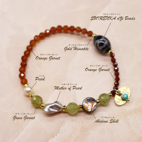 【Open the Jewelry Box!】水蓮花天珠×オレンジガーネット×グリーンガーネット ブレスレット