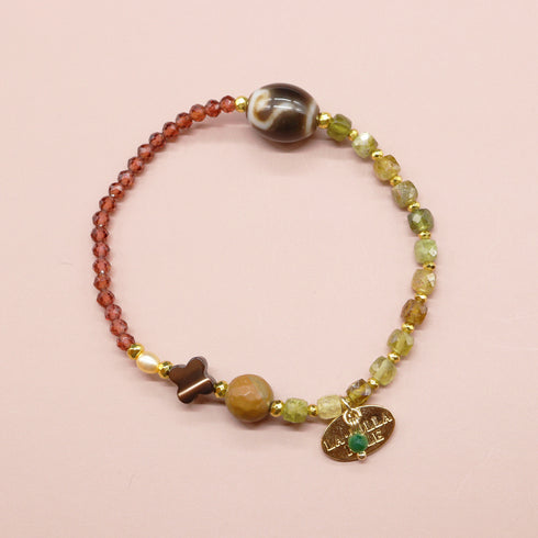 【Open the Jewelry Box!】如意天珠×グリーンガーネット×シャンパンガーネット×ペトリファイドウッド ブレスレット