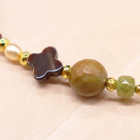 【Open the Jewelry Box!】如意天珠×グリーンガーネット×シャンパンガーネット×ペトリファイドウッド ブレスレット