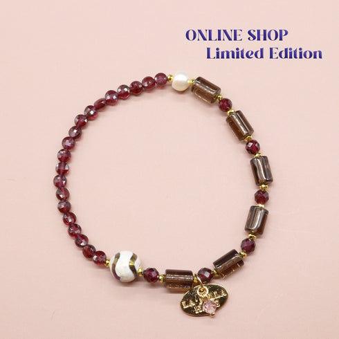 【ONLINE SHOP限定】【Open the Jewelry Box!】水紋天珠×ロードライトガーネット×スモーキークォーツ×パール ブレスレット