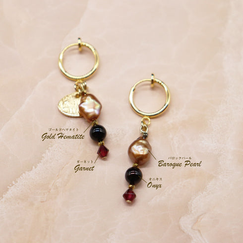 【Open the Jewelry Box!】ガーネット×オニキス×バロックパール イヤリング