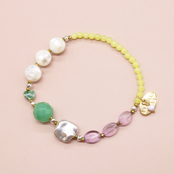 【月亮女神紫水晶】粉色紫水晶 x 压制贝壳 x 绿色东陵玉手链