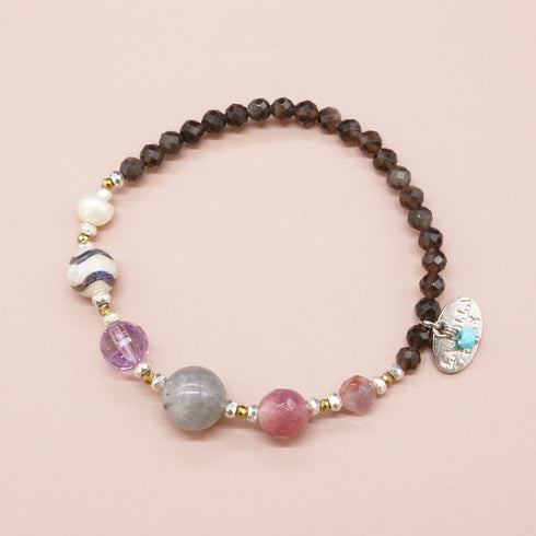 【Moon Lady Amethyst】水紋天珠×アメシスト×ラブラドライト×シルバーオブシディアン ブレスレット