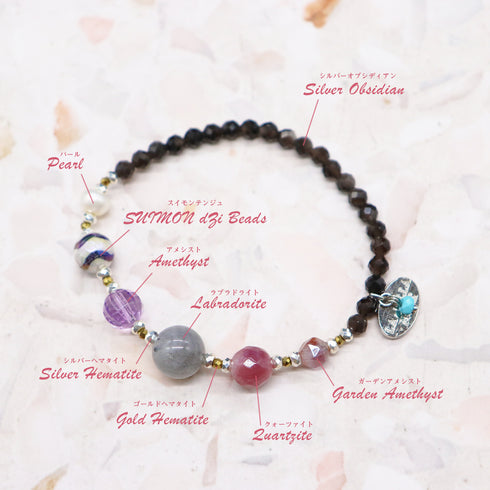 【Moon Lady Amethyst】水紋天珠×アメシスト×ラブラドライト×シルバーオブシディアン ブレスレット