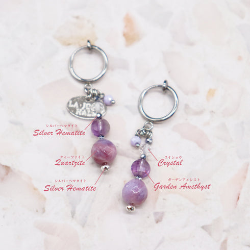 【Moon Lady Amethyst】ガーデンアメシスト×クォーツァイト×水晶 イヤリング