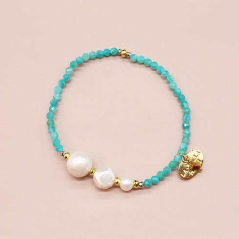【Mermaid Teardrops】Tortoise Shell Dzi Bead × Pearl × Amazonite Bracelet