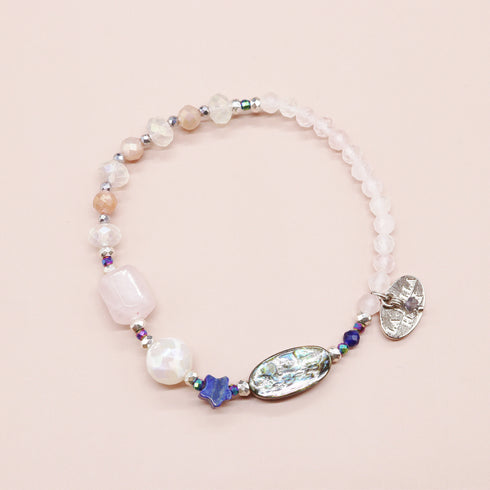【Blooming Pink Roses】 Tortoiseshell Dzi Bead × Rose Quartz × Abalone Shell × Lapis Lazuli Bracelet