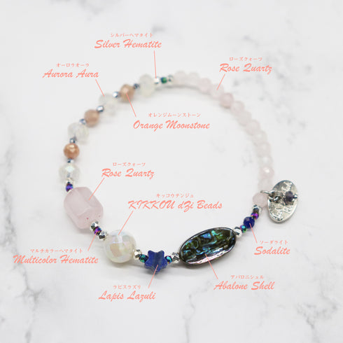 【Blooming Pink Roses】 Tortoiseshell Dzi Bead × Rose Quartz × Abalone Shell × Lapis Lazuli Bracelet
