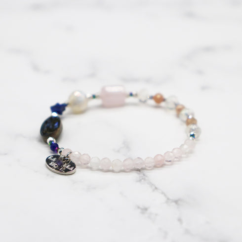 【Blooming Pink Roses】 Tortoiseshell Dzi Bead × Rose Quartz × Abalone Shell × Lapis Lazuli Bracelet