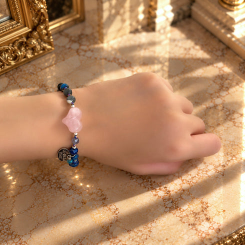 【Blooming Pink Roses】 Tortoiseshell Dzi Bead x Rose Quartz x Lapis Lazuli x Mother of Pearl Bracelet