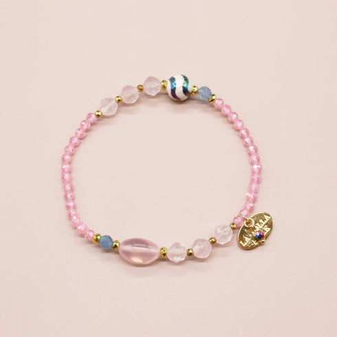 【盛开的粉色玫瑰】水波纹天珠 x 粉晶 x 锆石 x 海蓝宝石手链