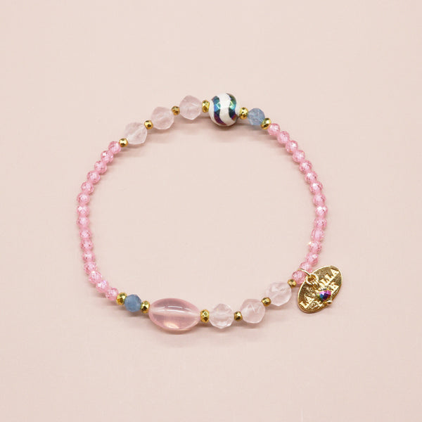【Blooming Pink Roses】水紋天珠×ローズクォーツ×ジルコニア×アクアマリン ブレスレット