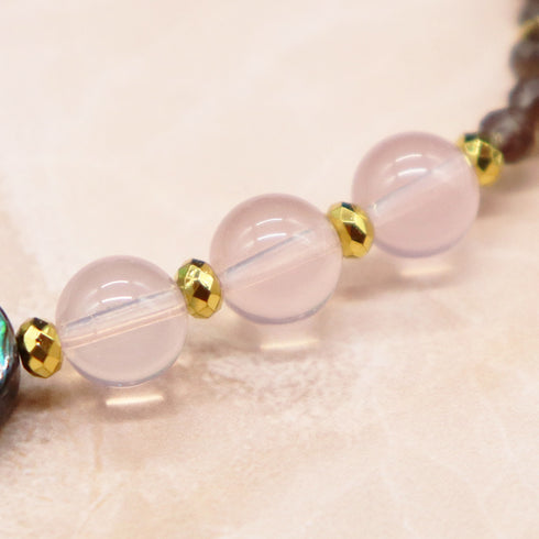 【Blooming Pink Roses】亀甲天珠×ローズクォーツ×アバロニシェル ブレスレット