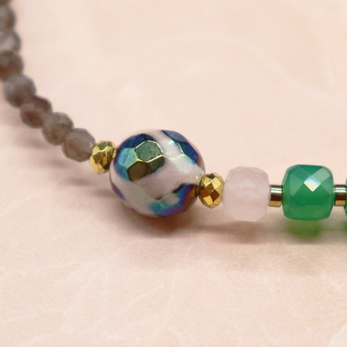 【Blooming Pink Roses】亀甲天珠×ローズクォーツ×アバロニシェル ブレスレット