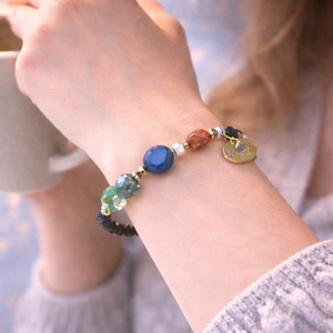 [Deep Sea Party] Aquamarine x Black Aquamarine x Green Fluorite x Silver Obsidian Bracelet