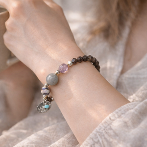 [Moon Lady Amethyst] Water Ripple Dzi Bead x Amethyst x Labradorite x Silver Obsidian Bracelet