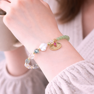 [Shining Like Stardust] Water-Patterned Dzi Bead x Crystal x Cracked Quartz x White Shell x Green Aventurine Bracelet