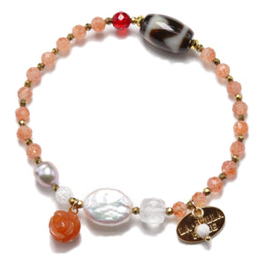 【ONLINE SHOP exclusive】【Longing for Jaipur】Tiger Tooth Dzi Bead x Orange Aventurine x Red Amber Bracelet