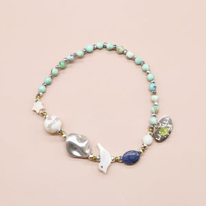 【Be Loved Turquoise】水紋天珠×ターコイズ×ホワイトシェル×ソーダライト ブレスレット