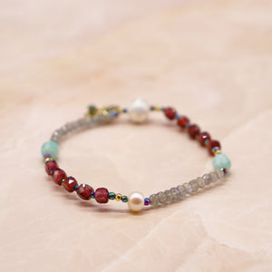 [Open the Jewelry Box!] Water Ripple Dzi Bead x Champagne Garnet x Amazonite x Labradorite Bracelet