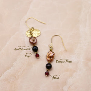 【Open the Jewelry Box!】ガーネット×オニキス×バロックパール ピアス
